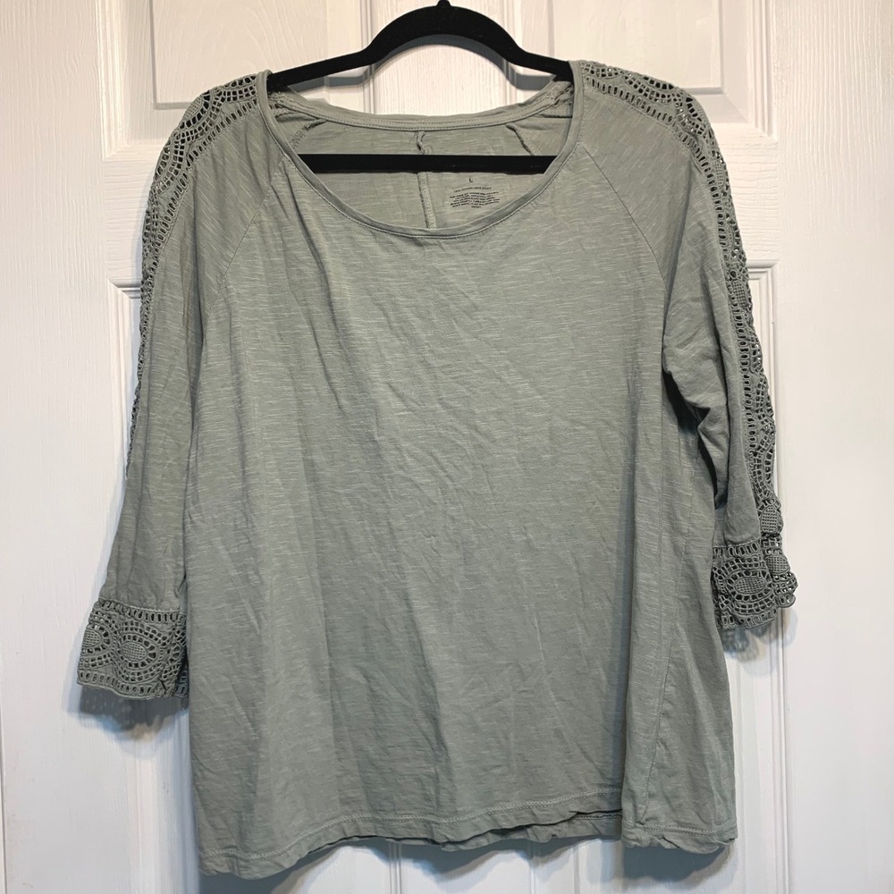Sonoma Goods For Life Top Large Sage Green Crochet Lace 3/4 Sleeve Slub Cotton